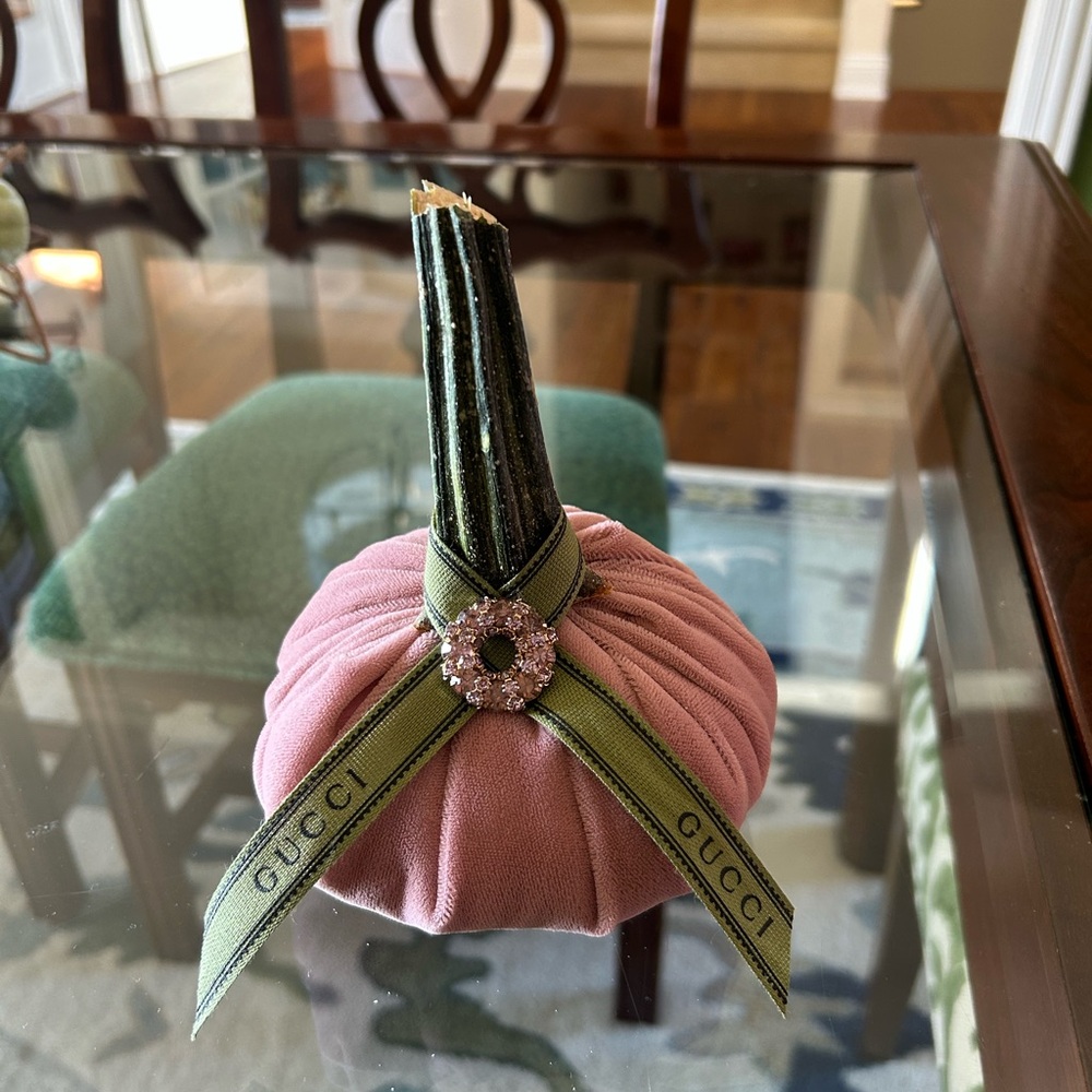 Pink Velvet Pumpkin with Green repurposed Ribbon